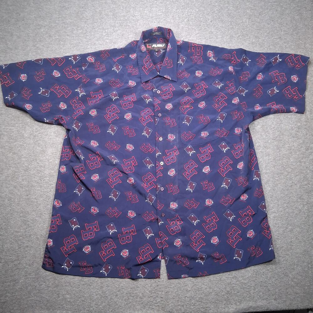 Vintage FUBU Shirt Mens 2XL Blue Allover FB Logo Short Sleeve Button Up 90s